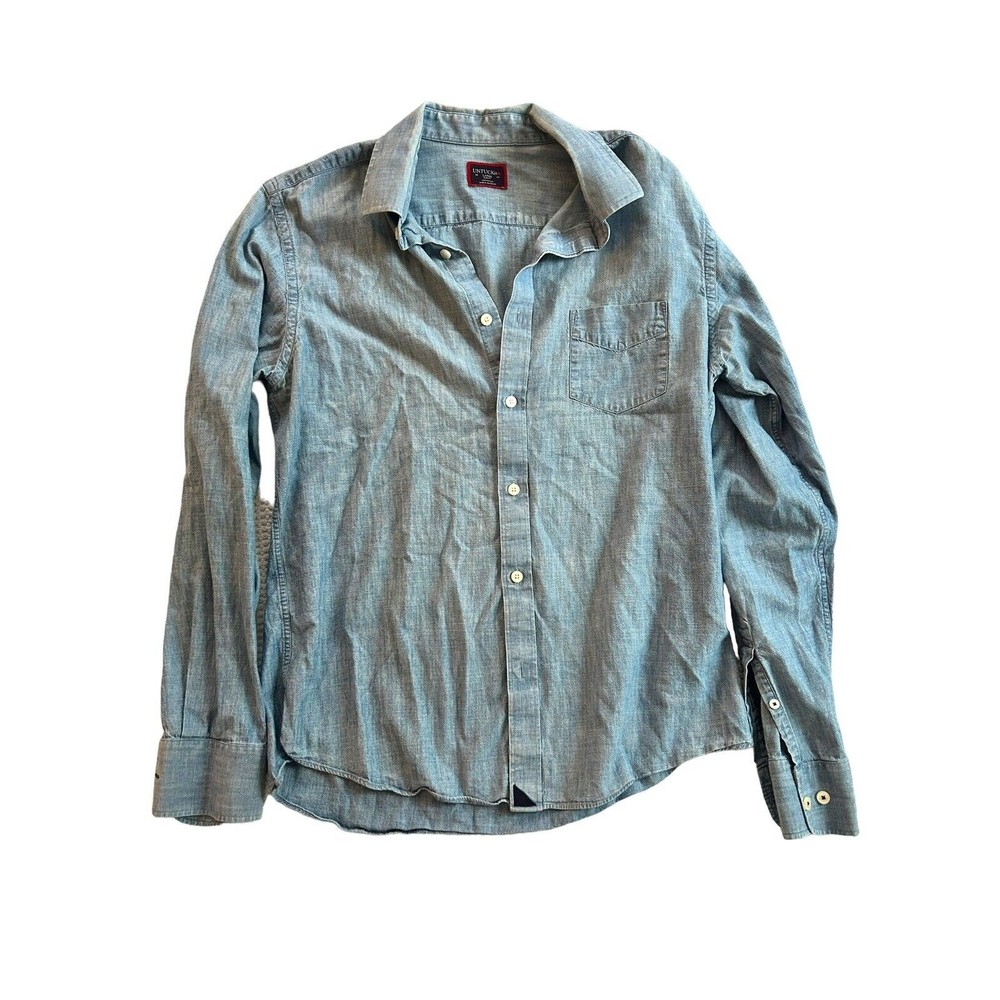 Untuckit Shirt Mens L Blue‎ Chambray Penfolds Long Sleeve Denim Look Casual